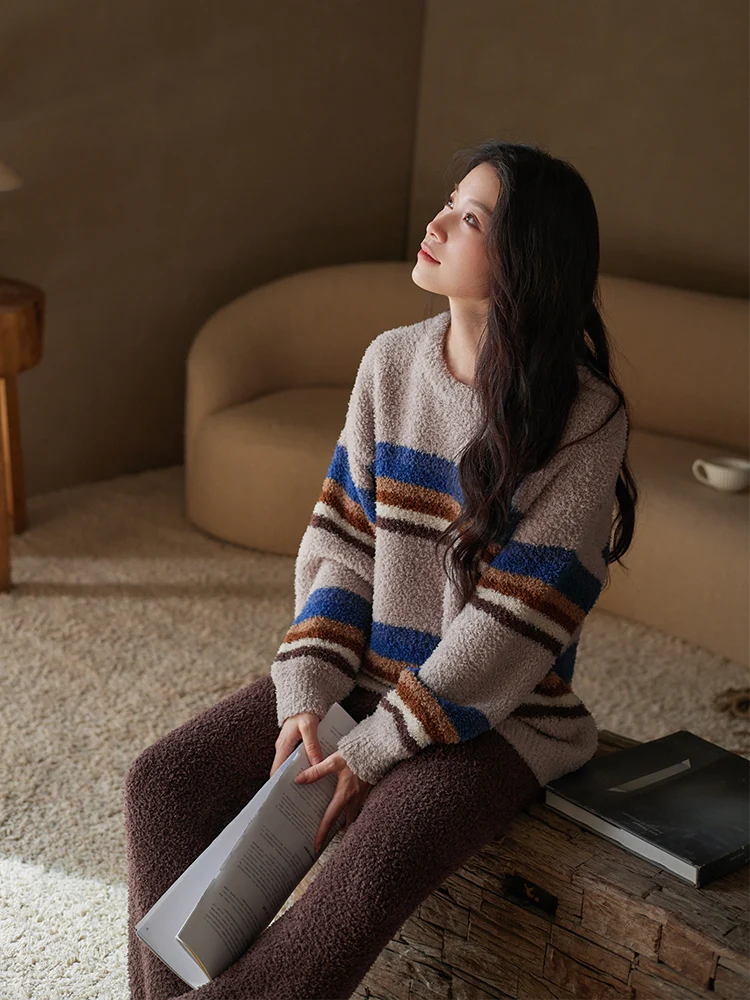 Новая осенне-зимняя женская домашняя одежда, модный и простой толстый теплый комплект одежды для сна с круглым вырезом