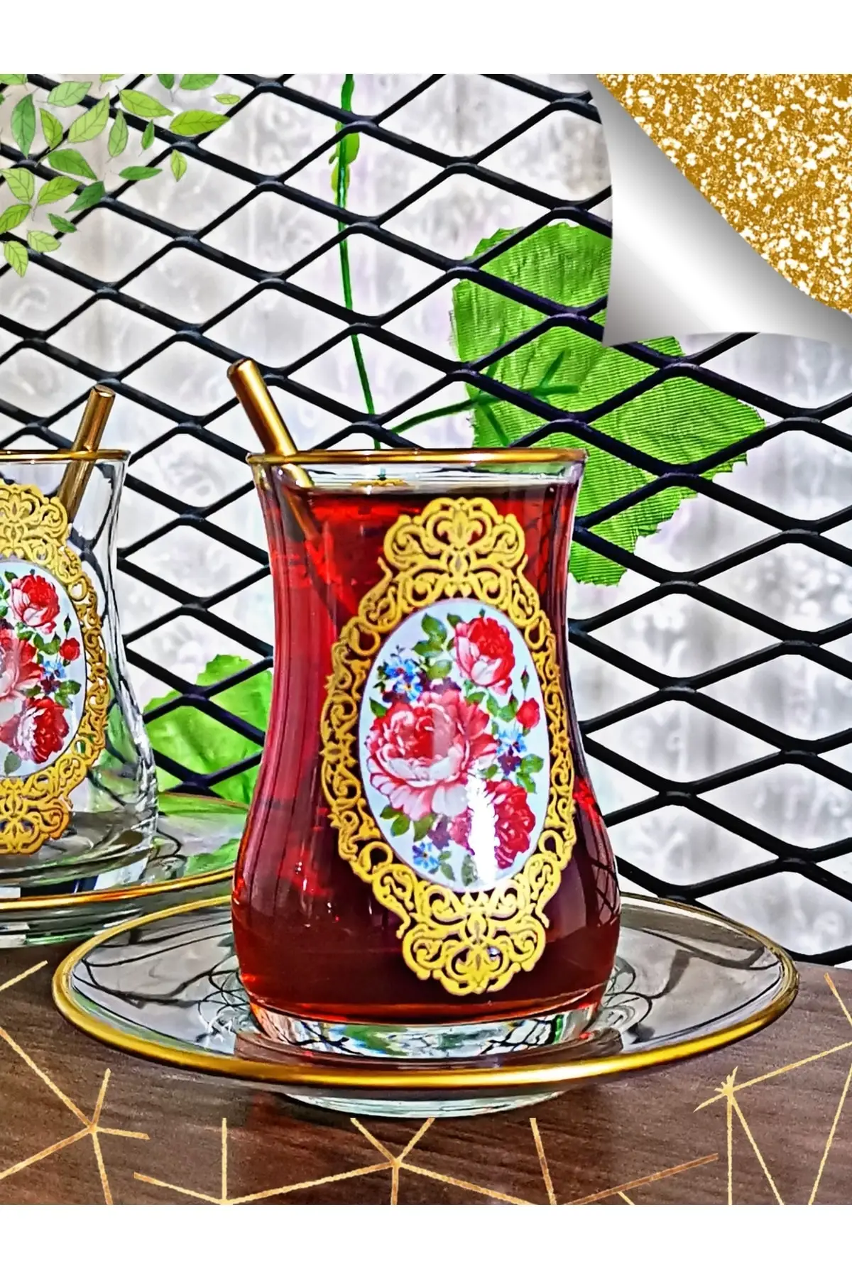 DOLBOVI Gold Rose Pattern 6 Personality Tea Set 6 Person Tea Set Turkish Tea Glass Cup