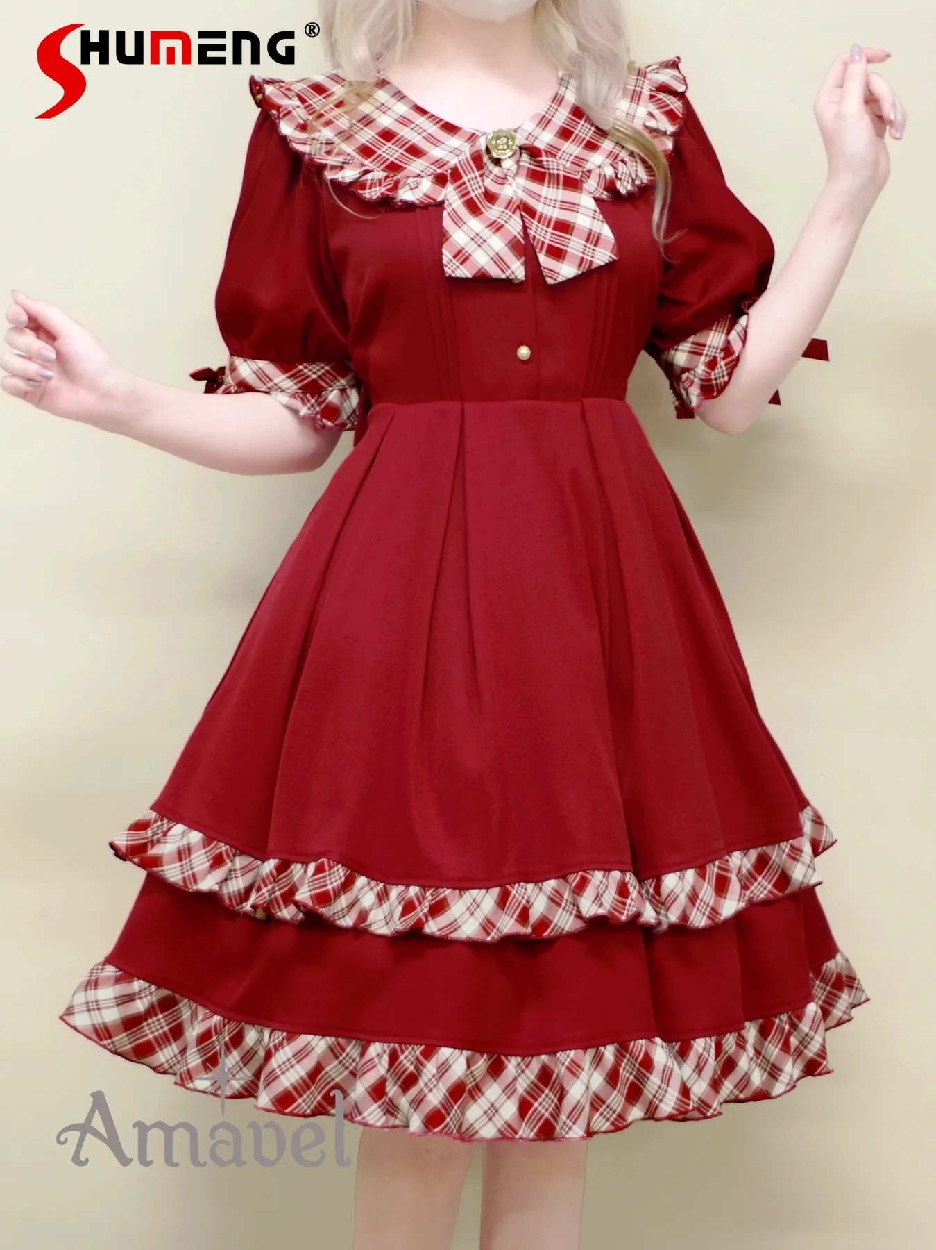 

Japanese Retro Mori Style Plaid Doll Collar Short Sleeve Lace-up Bow Single-breasted High Waist Slim A-line Lolita Dress Women