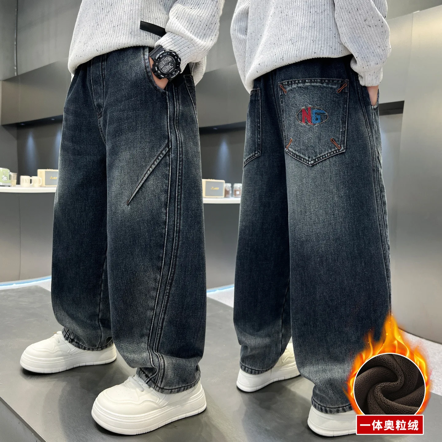 الأولاد الخريف الشتاء الجينز الأطفال صوف مبطن سميكة الدافئة مستقيم الساق السراويل إلكتروني طباعة المراهقين الاطفال الحرارية الدنيم السراويل