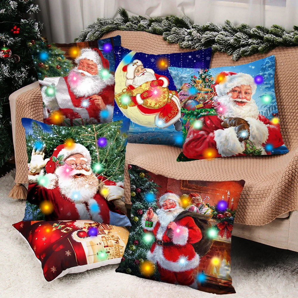 LED retro Santa Claus Christmas light decoration 2023 throw pillow cover house decorative sofa cushion satin   45x45