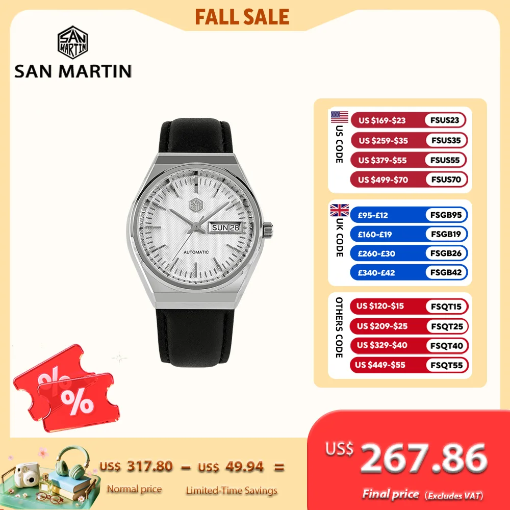 San Martin 37mm ST2100 Automatic Watch For Men Waterproof Watches Mechanical Wristwatch Day Date Display Luxury SN0102
