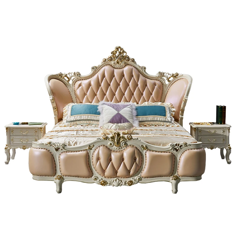 European Design Bed Double Princess Luxury Wedding Leather Frame Bed Bedroom Castle Lounge Letto Matrimoniale Hotel Furniture