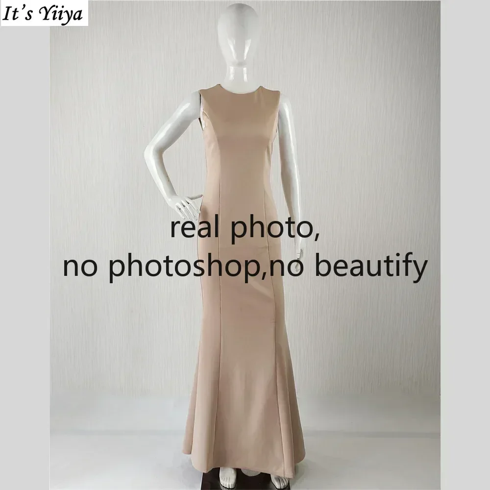 It's Yiiya Customized Real Photo Evening Dress Khaki O-neck Mermaid Trumpet Floor length Plus size Women Party Formal Gown DX401