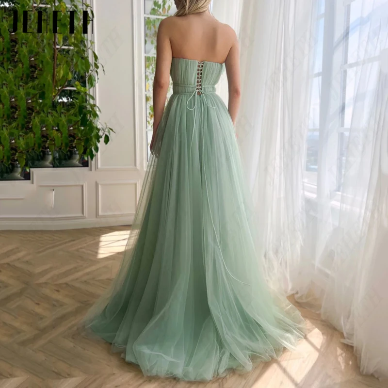 JEHETH Green Strapless Bow Prom Dress Tulle 3D Flower Princess Evening Gowns High Split Party Backless A-Line Vestidos De Festa