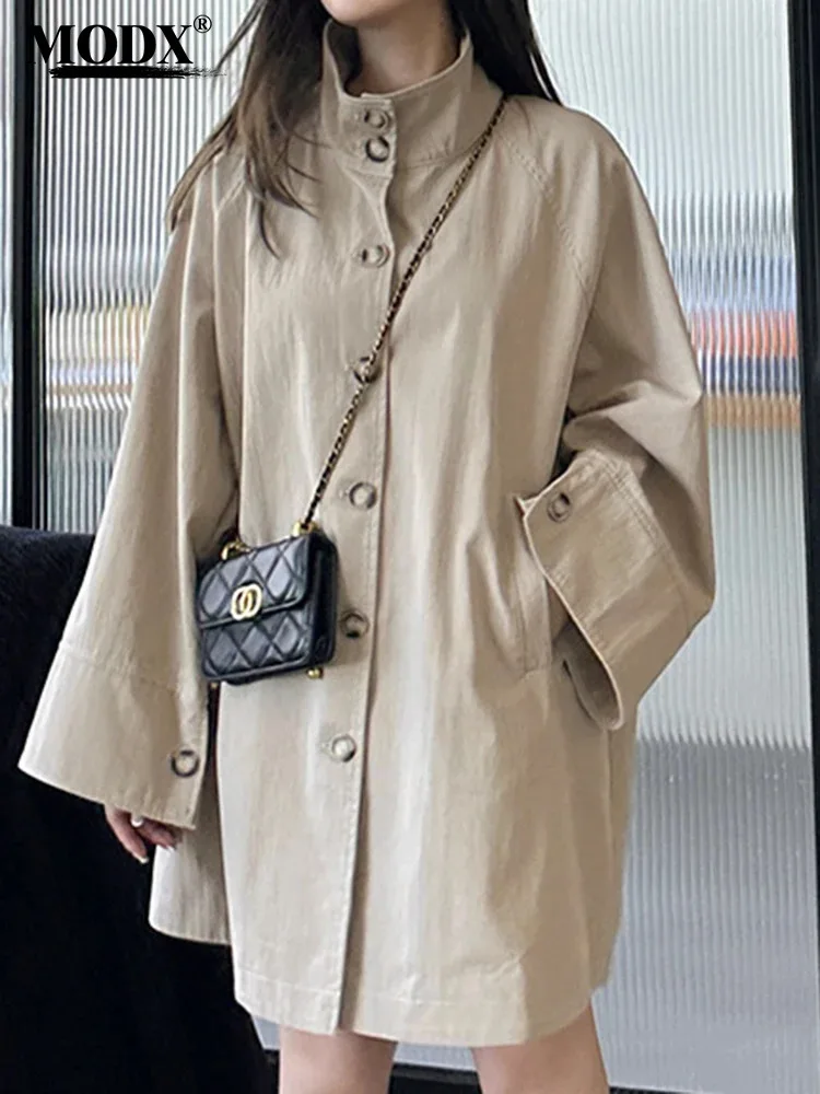 

[MODX] Khaki Big Size Casual Trench Women New Lapel Long Sleeve Loose Fit Windbreaker Fashion Tide Spring Autumn 2024