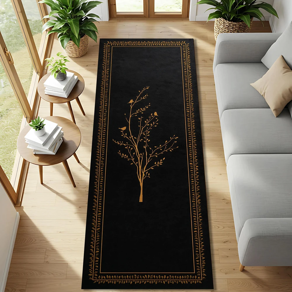 Luxury Black Gold Branch Runner Rug Elegant Vintage Flower Print Non Slip Area Rug for Living Room Bedroom Hallway Home Decor