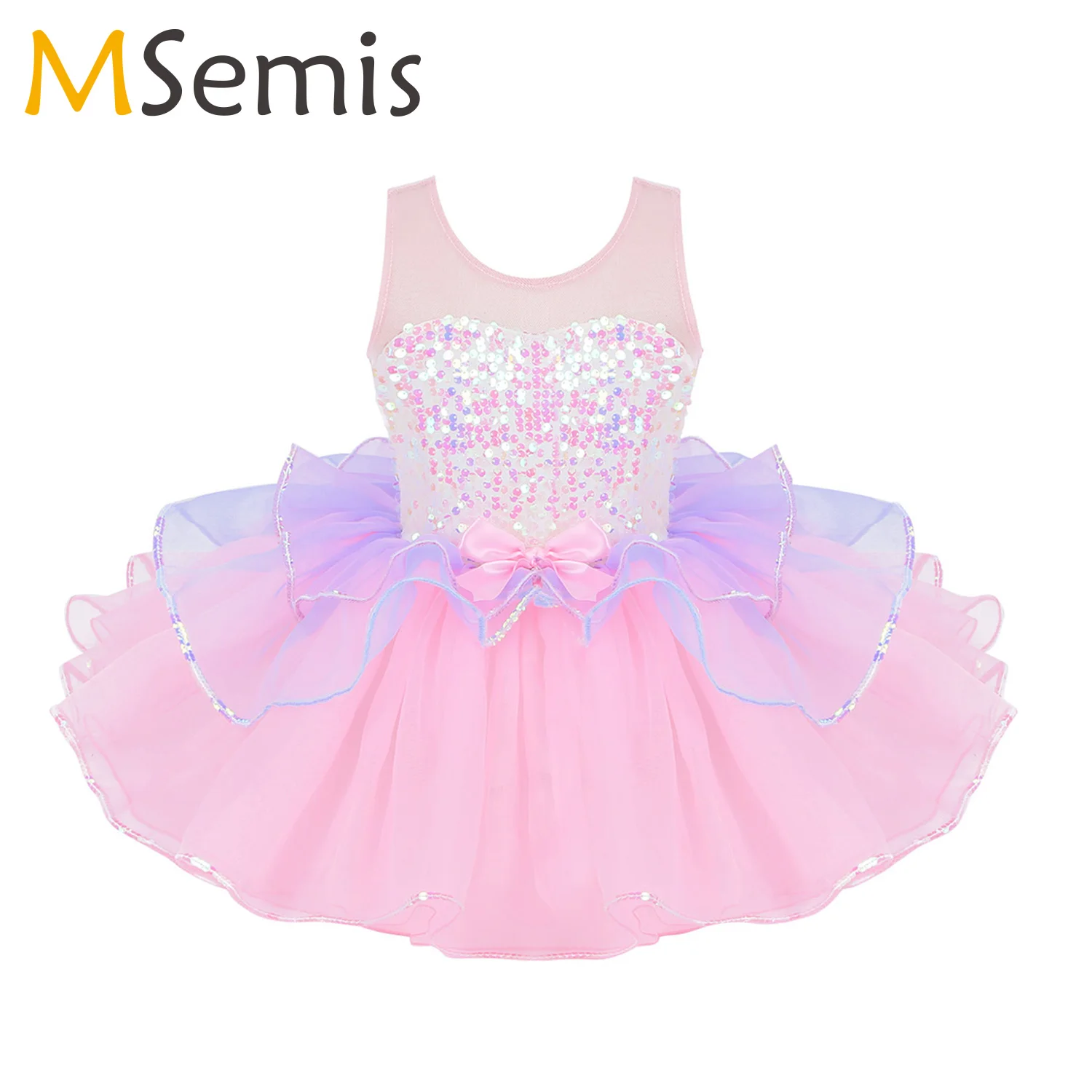 Child Tutu Ballet Dress Girls Ballerina Tulle Costume Sequins Mesh Splice Bowknot on Waist Gymnastics Leotard Kids Dancewear