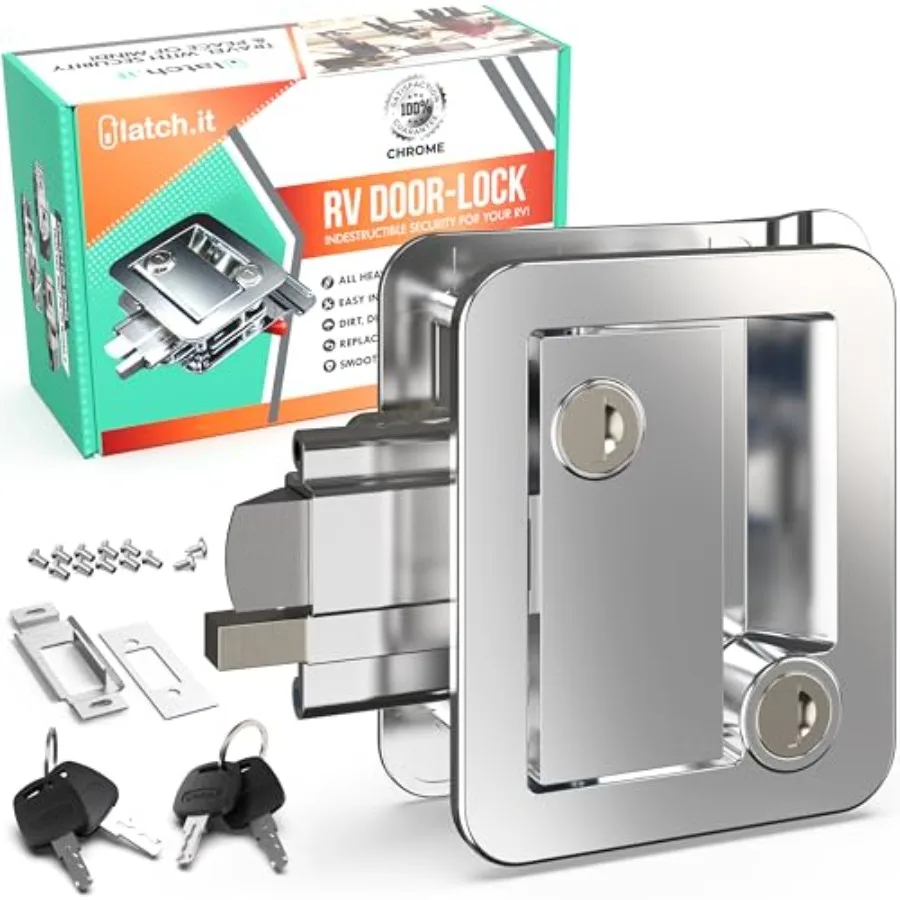

Chrome RV Door Lock Replacement for Travel Trailer Premium Zinc Alloy Handle Camper Latch in Chrome Finish 4 Keys Included Fits