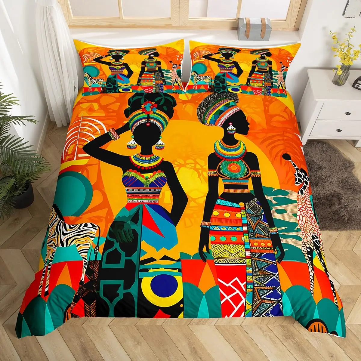 Black Woman Duvet Cover Ethnic Afro African Comforter Cover Traditional Exotic Bedding Set Tribal Quilt Cover with 2 Pillowcases