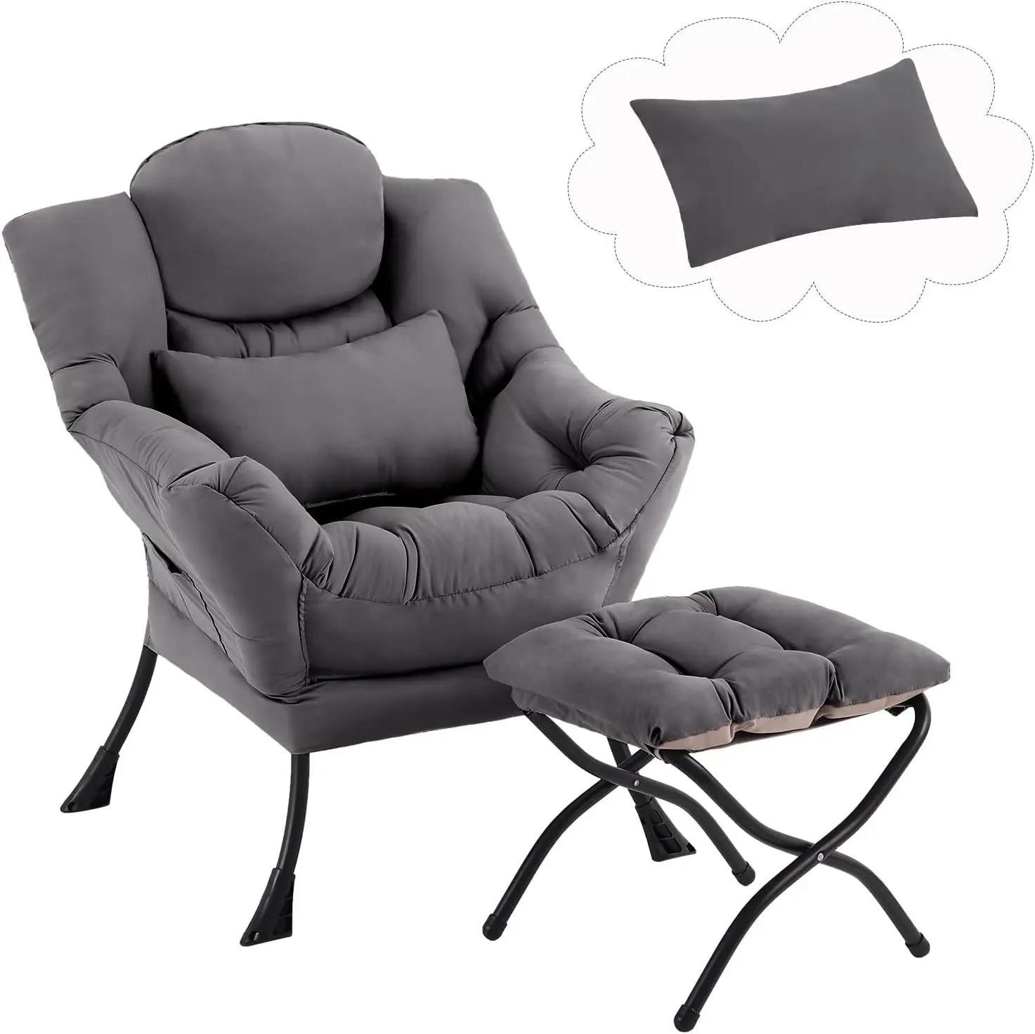 

Lazy Chair with Ottoman, Comfy Fabric Accent Lounge Arm Chair with Lumbar Pillow and Folding Footrest, Reading Leisure Sofa