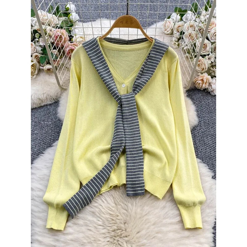 Vintage Sweet Striped Hooded Shawl Sweater Women's Coats 2025 Autumn Light Mature Knitted Slimming V-neck Cardigan Female Tops