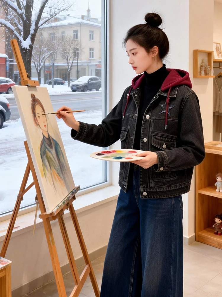 Slim Fit Denim Jaet Dames Faionable Kapmantel Veelzijdig Gewichtsverlies Jaet Long Sve Thiened Casual Bovenkleding