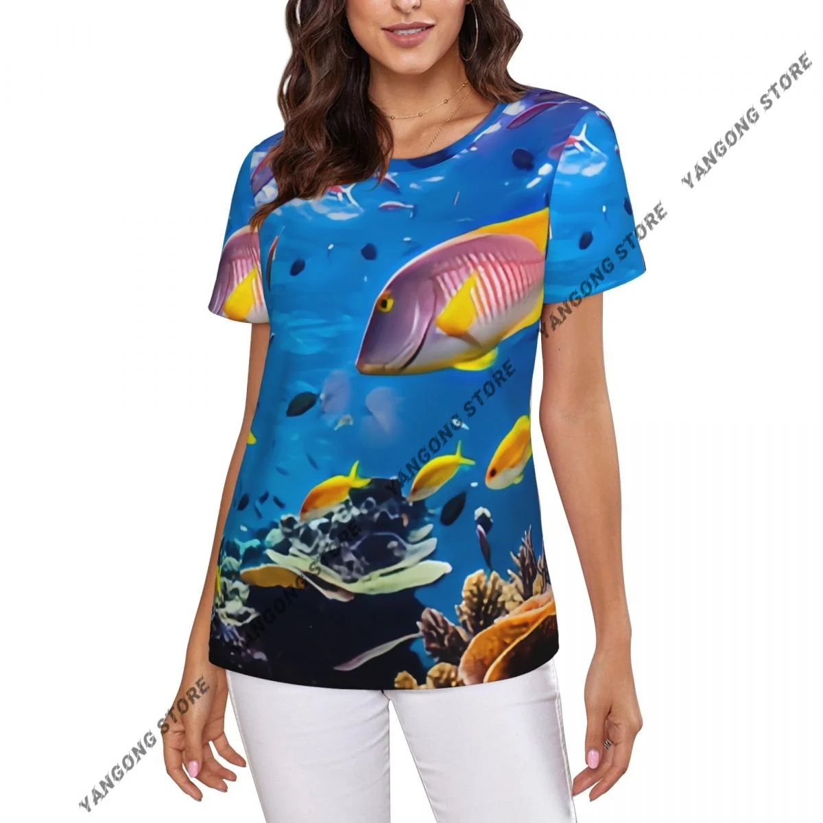 

Womens Short Sleeve Colorful Tropical Fish And Corals Underwater Casual Tee Clothing Crewneck Woman T-Shirts