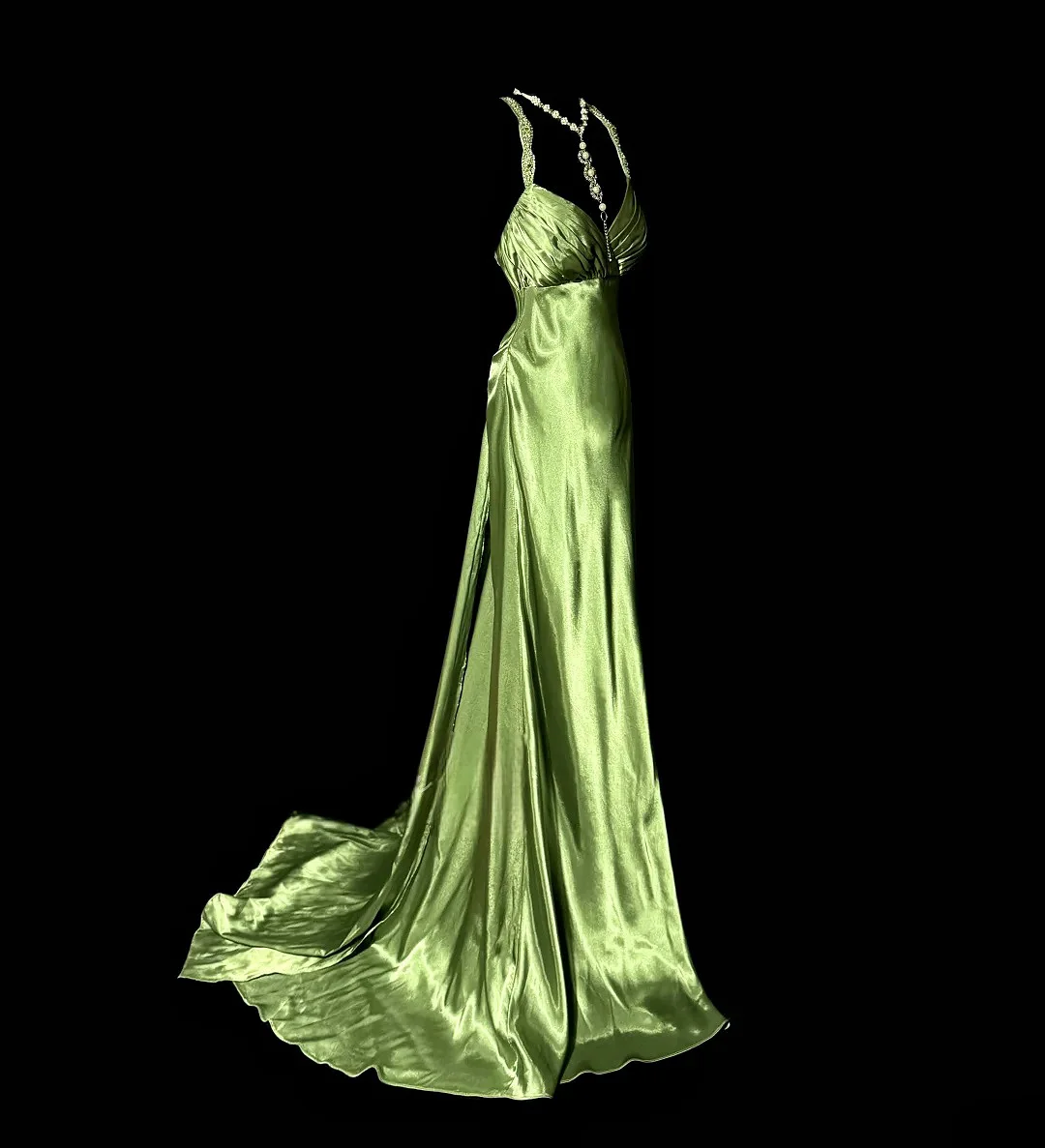 Green Woman Evening Dress Sexy V-Neck Satin Floor-Length Skirt Backless Mermaid Pleated Woman Party Wedding Bride Gowns