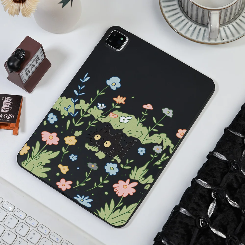 Matte Tablet Case for Xiaomi Pad 6S 7S 6 7 8 Pro 11.2 Inches Mini 8.8 Inch Shell Black Cat in Flowers Forest Healing Fingerprint