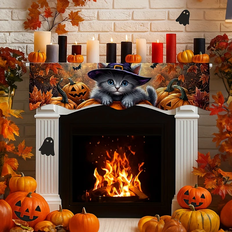 VIKAMA Halloween Fireplace Mantel Scarf Witch Kitten Pumpkin Mantel Topper Spooky Fireplace Shelf Cover Fall Home Party Decor