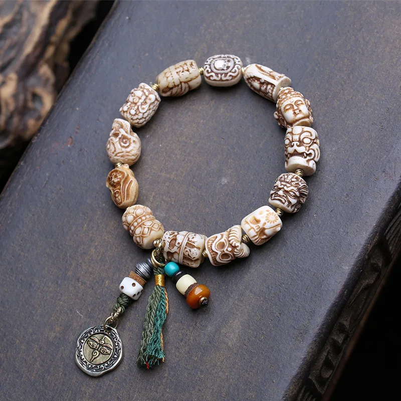 Yak Bone Carving Multi-Treasure Bracelet Single-Strand Shitoulin Mahakala Three-Faced Buddha Guanyin Prayer Beads