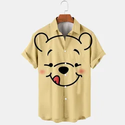 New Summer 2024 Disney Winnie The Pooh And Mickey Brand Cartoon Casual 3D Printed Short Sleeve Lapel Shirt Slim Fit Men's Top