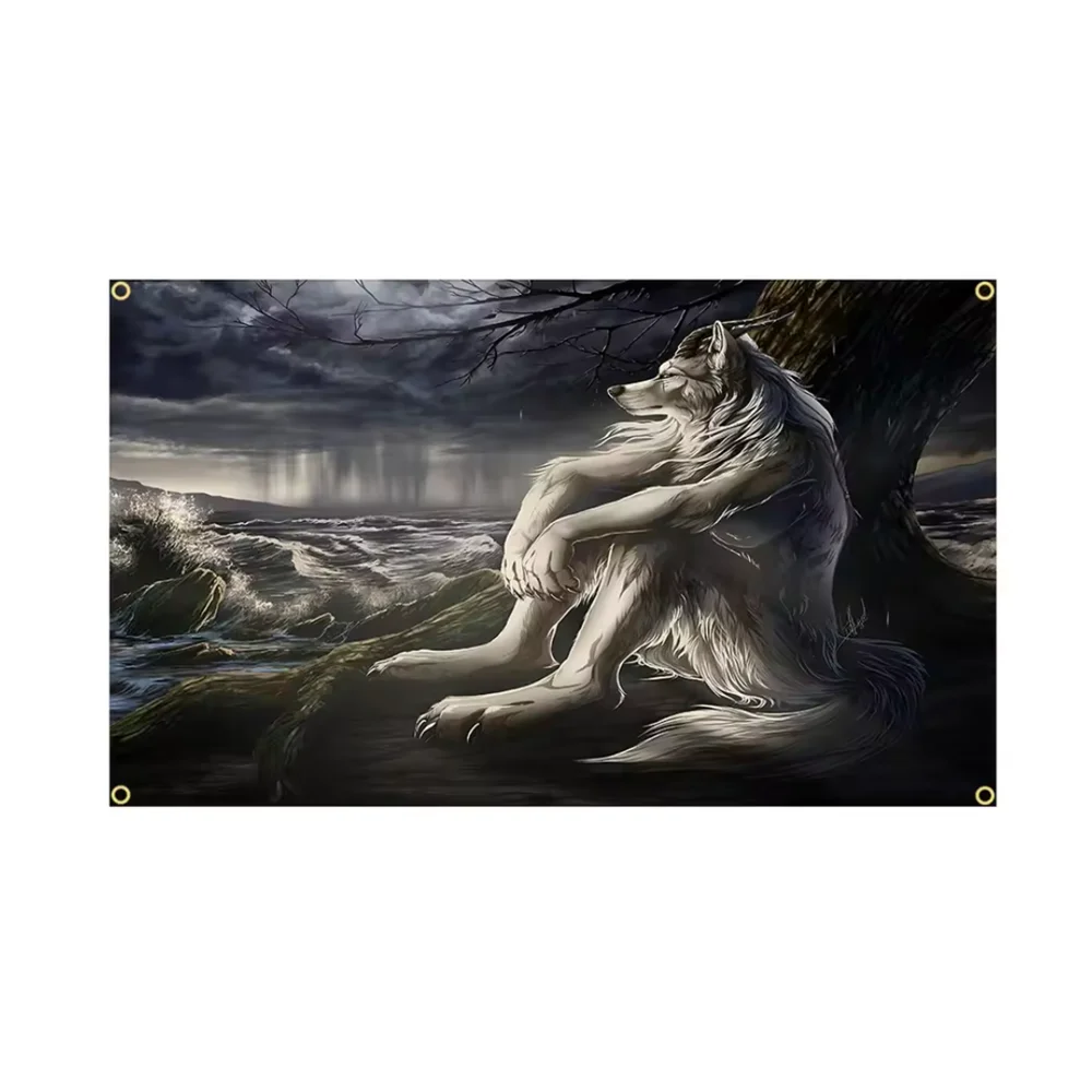 Emo White Sitting Werewolf Tapestry 2x3ft 3x5ft Tapestry Gothic Magical Wolf Wall Hanging Aesthetic Room Decor for Bedroom Bar