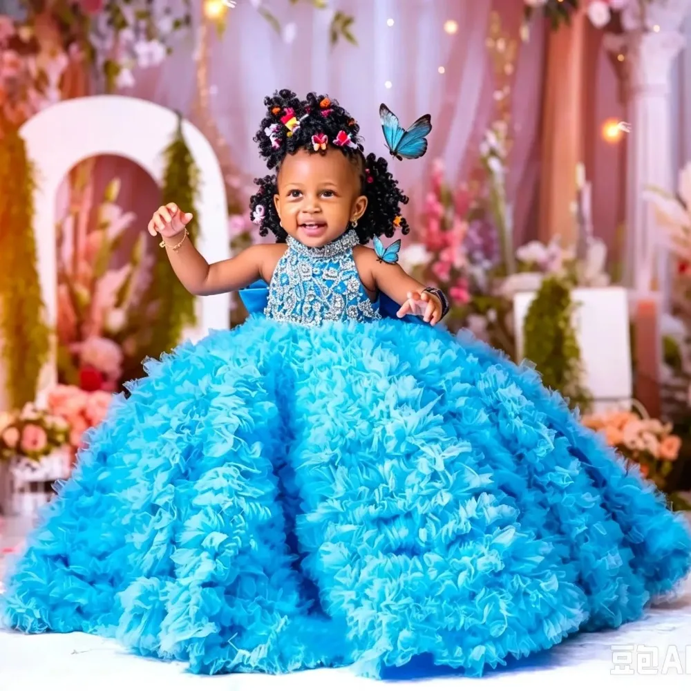 Custom Luxury Dress Women Wedding Guest Dress Flower Girl Wedding Gown Birthday Party Pageant Runway Blue Beaded Ruffled Tulle