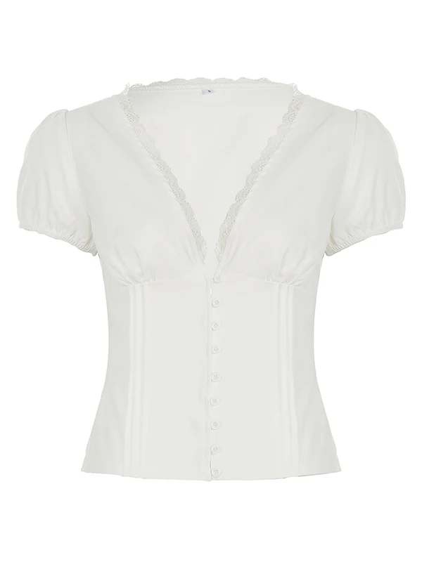 Amyway Vintage Sexy v-ne dentelle garniture bulle ort Sve boutonné irt femmes coupe régulière trajet Sle couleur Pure haut d'été