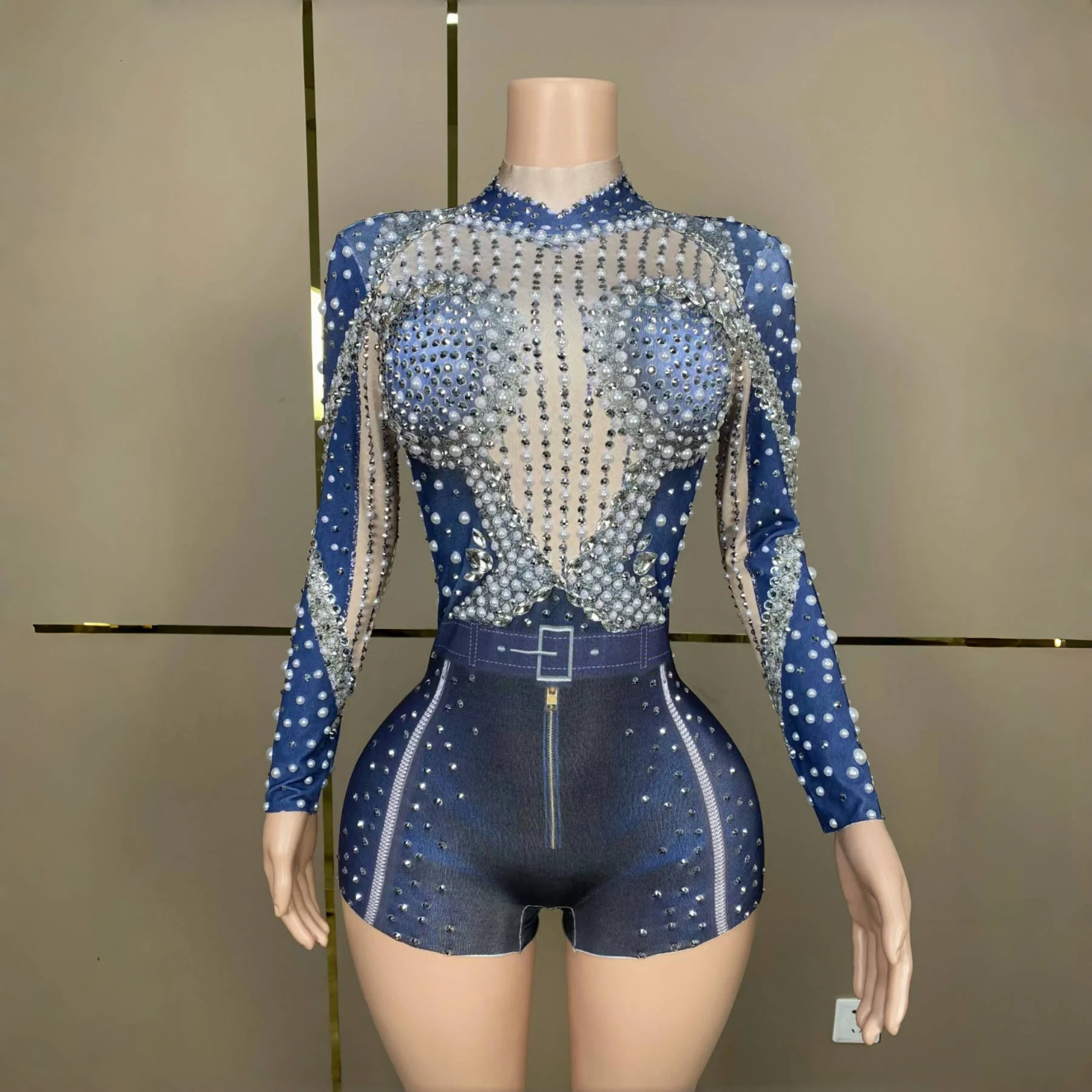 

Bar Party Stage Performance Sparkly Crystals Pearls Imitation Denim Bodysuit Spandex Elastic Long Sleeved Tight Fitting Bodysuit