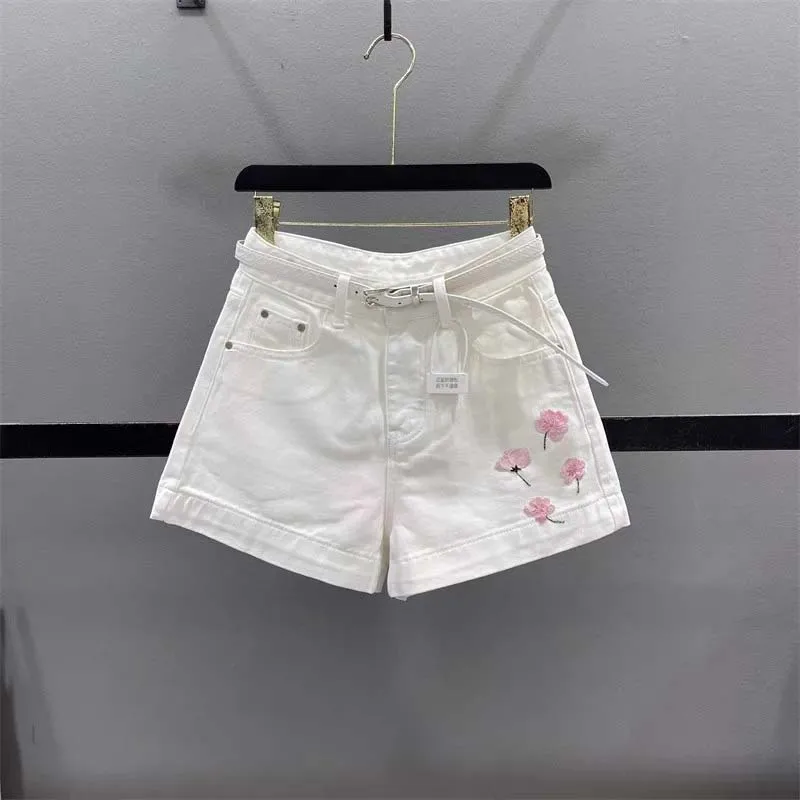 2026 Summer White Embroidered Flowers Design Denim Shorts Pants Female High Waist Slim Casual Joker A Wide-leg Shorts Ladies