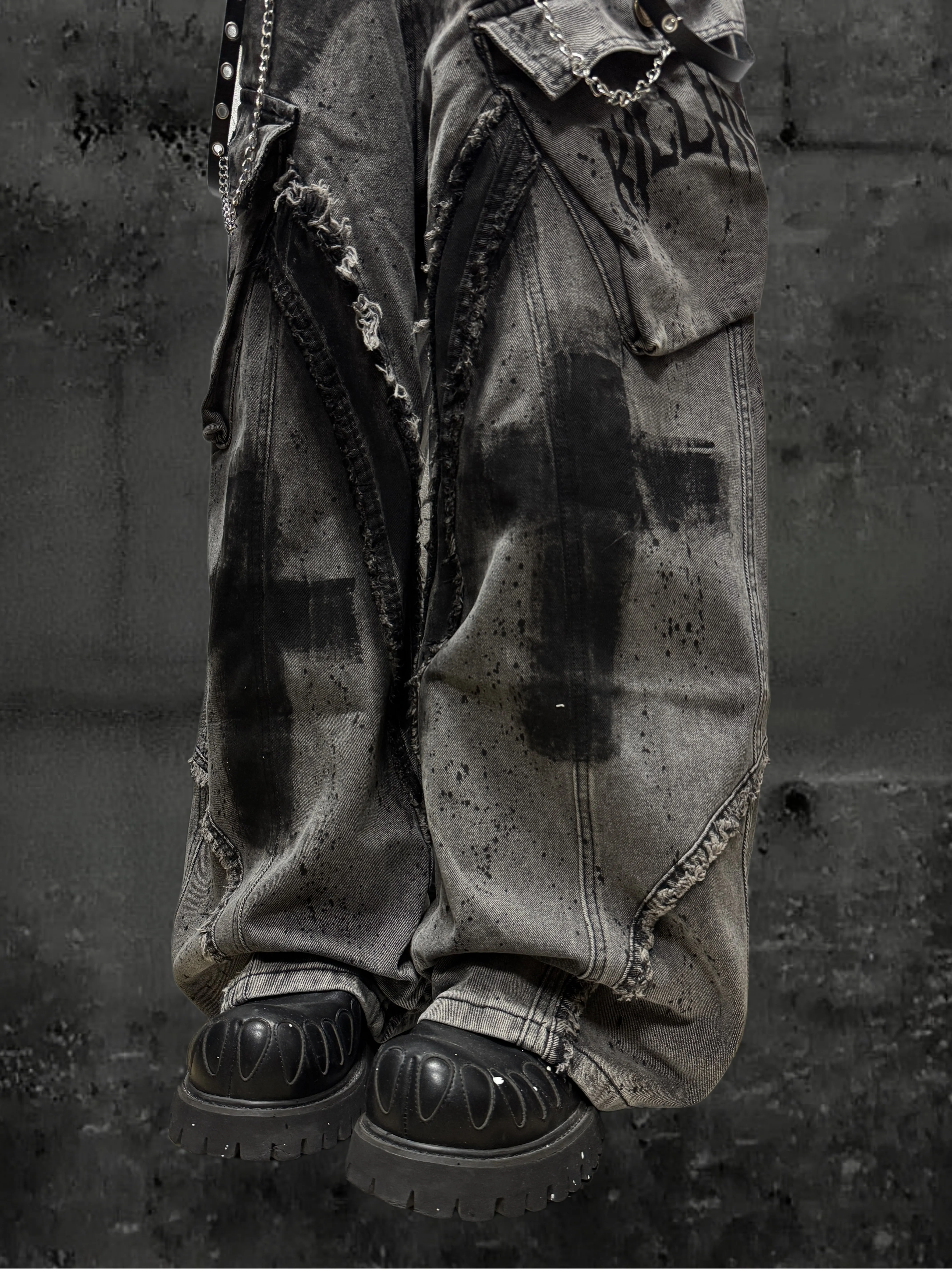American Street Waste Soil Wind Splash Ink Loose Burrs Jeans Men and Women Hand Painted Graffiti Wide Leg Trousers