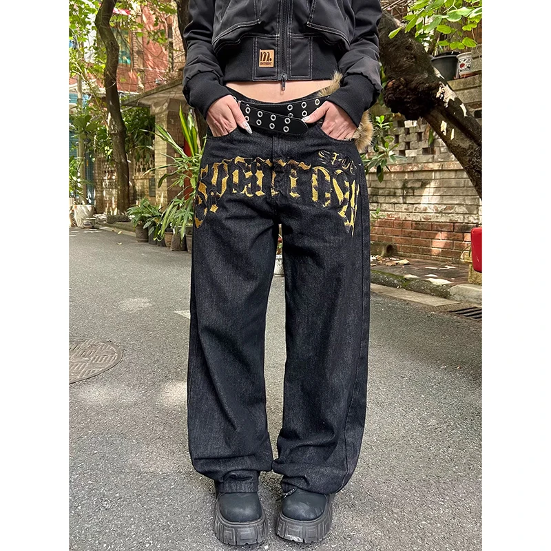 ZHIZOU Women Black Baggy Y2k Jeans Print Grunge Jean Pants Vintage Harajuku Oversize Washed Denim Trousers Alternative Clothes view 5