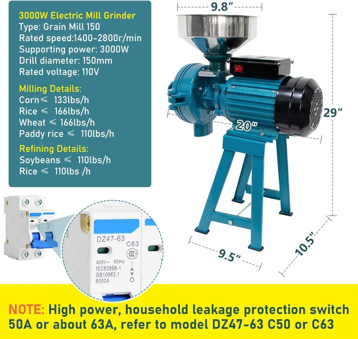 Penggiling gandum elektrik, penggiling jagung kering basah, penggiling gandum 110V 3000W, pabrik sereal