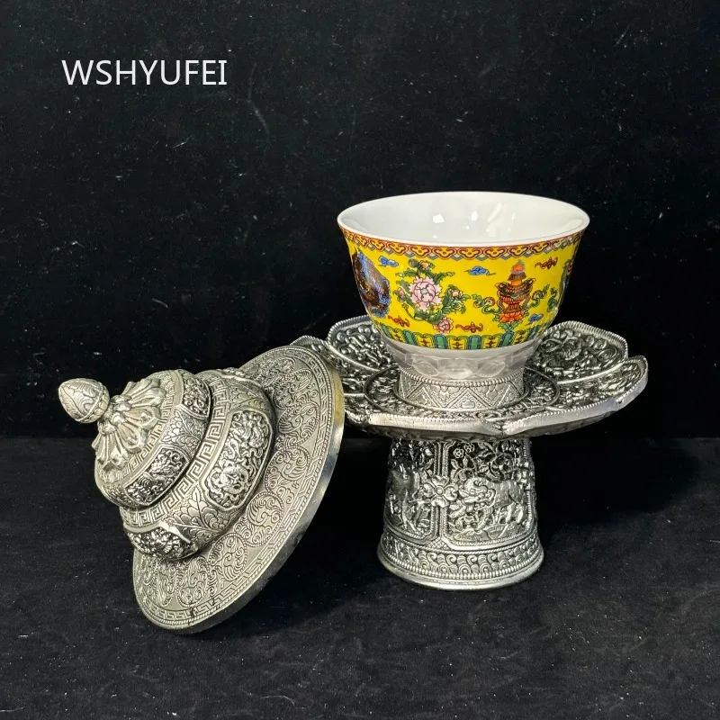 1 Alloy Tantric Holy Water Cup Bagua Porcelain Bowl Tibetan Altar Desktop Decoration Buddhist Tea Rack