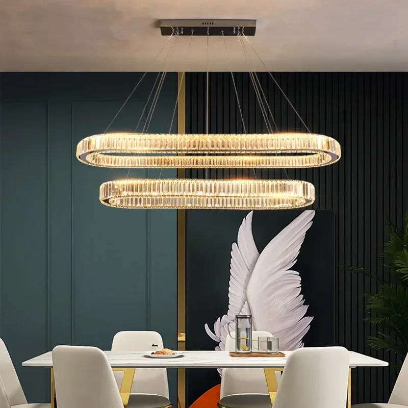 Modern Dining Room Led Dimmable Pendant Lights Oval Steel Lustre Crystal Chandelier Luminarias Luxury Led Hang Lamp Suspend Lamp