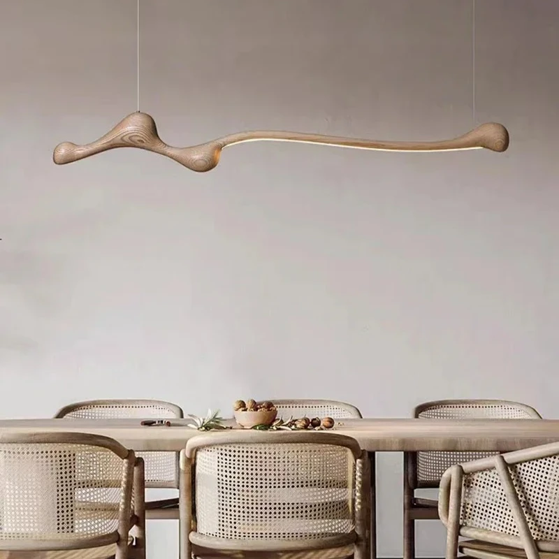 

Chinese Long Ash Wood Pendant Lights Dimmable Indoor Decoration Hanging Lamp Kitchen Island Dining Living Room Office With RC