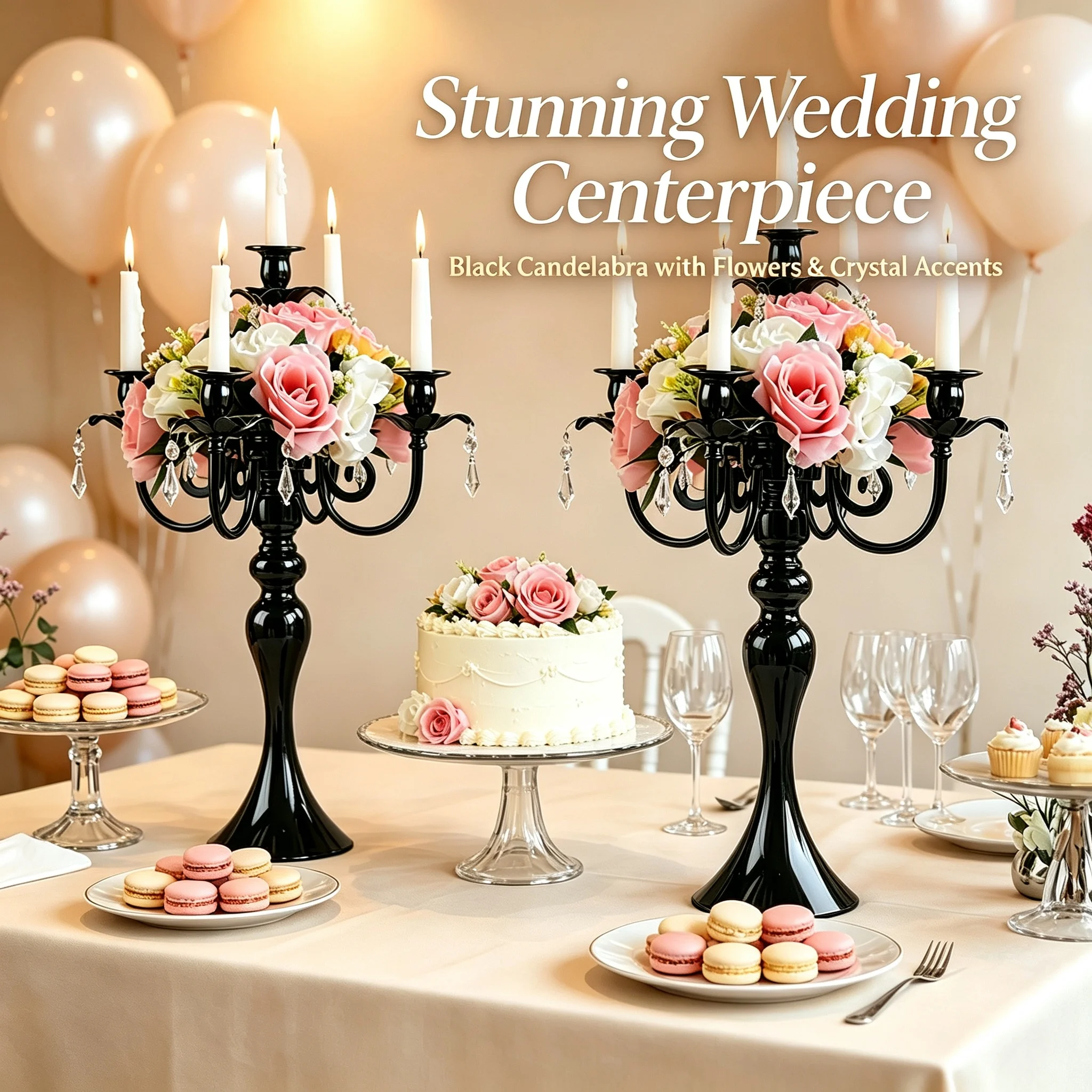 Wedding Table Centerpiece Candelabra, 5-Taper Candle Holder with Sparkling Crystal Pendants, Freestanding Metal Tabletop Decor