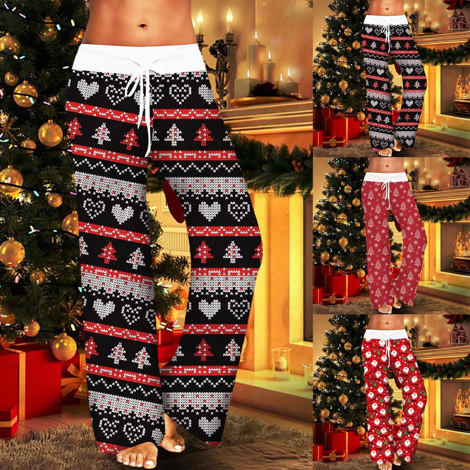 Christmas Printed Pants Women Vintage Elastic High Waist Drawstring Trousers Loose Wide Leg Outdoor Sports Trousers Pantalones