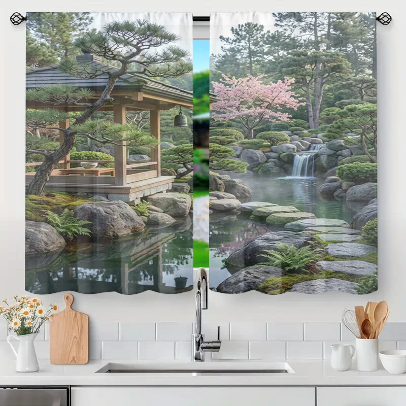 Japanese Garden Theme Shower Curtain Waterproof Bathroom Decor Zen Pond Pagoda Sakura Floral Waterfall Nature Shower Curtain for