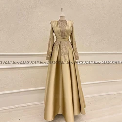 Champagne Satin Luxury Muslim Evening Dress Morocco Floor Length Long Sleeve Wedding Party Gown Sparkle Bead Lace Noche Pageant