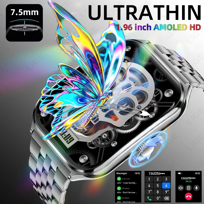 

LIGE Ultra-thin Amoled Smartwatch 1.96inch Curved BT Call Long Battery Life Fitness Watches Men AMOLED Sports Health Smart Watch