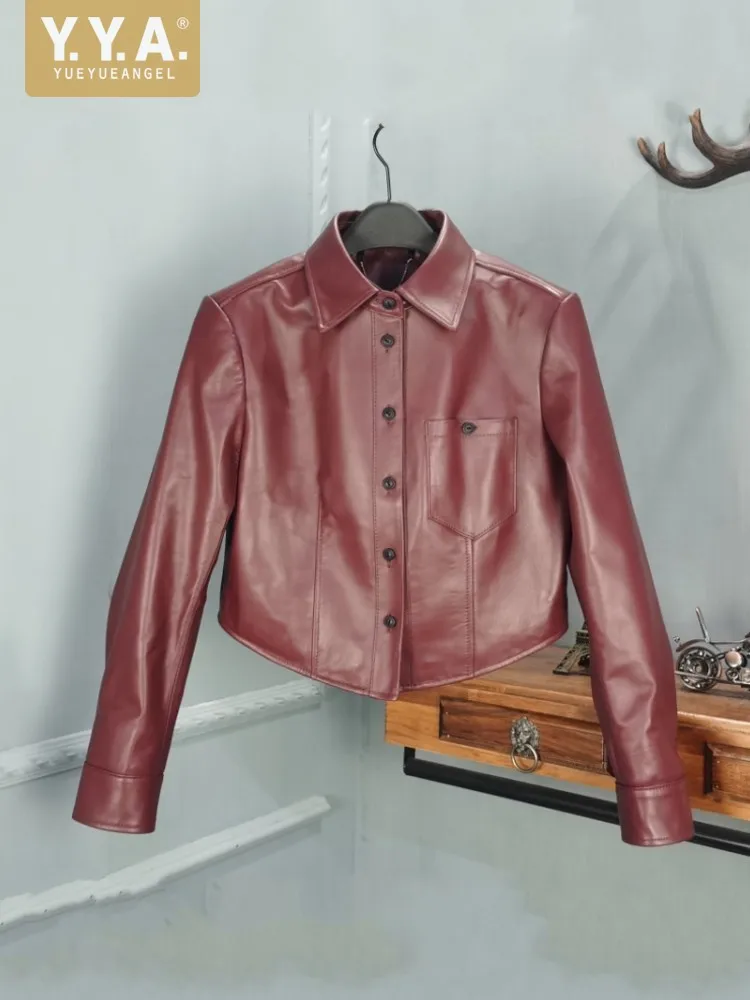 Winter Women Single Breasted Lapel Collar Sheepskin Genuine Leather Long Sleeves Jacket Short Style Casual Riding Outwear Coat