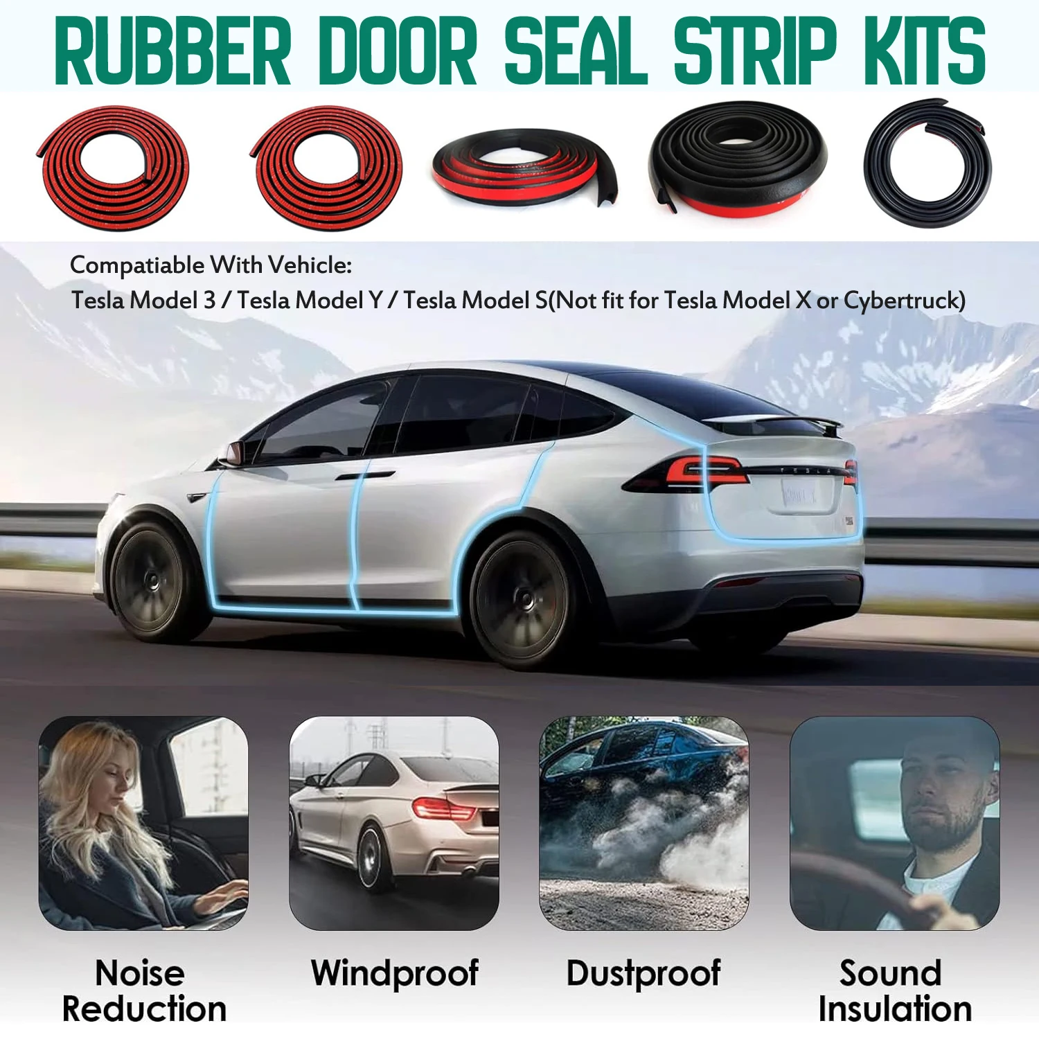 Door Seal Strip Kit Self Adhesive Window Engine Cover Soundproof Rubber Weather Draft Wind Noise Reduction For Tesla Model 3 Y S