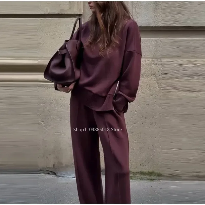 

2025 Autumn Knit Turtleneck Sweater Pants Sets Women Split Zipper Long Sleeve Pullover Wide Leg Trousers Winter Loose Outfits