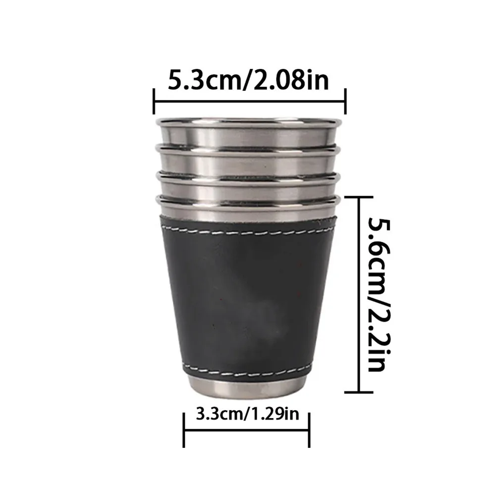 4pcs 70ml Stainless Steel Portable Cups Set with PU Leather Pouch for Outdoor Activities Camping Hiking Travel