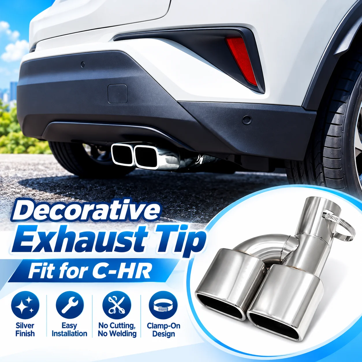 1 PCS Stainless Steel Dual  Square Exhaust Tip For Toyota C-HR 2016+ Tailpipe Silver/Black/Blue Clamp-On Tailpipe