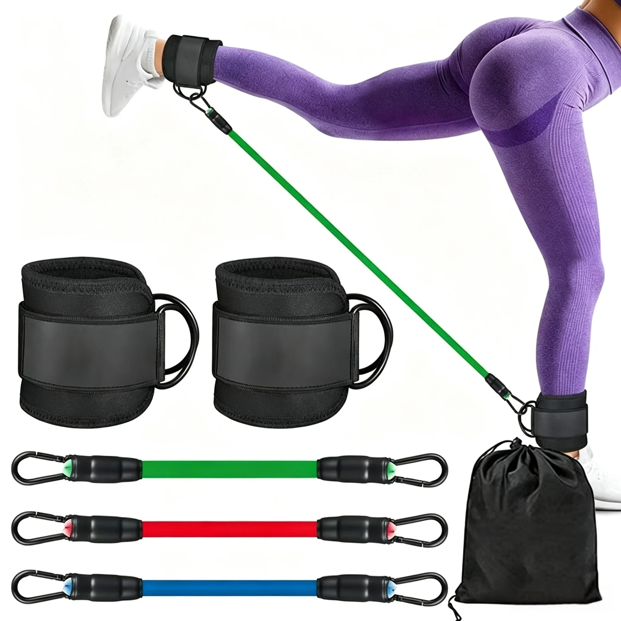 Ankle Resistance Bands Set with Ankle Cuffs, Elastic Leg Tubes for Glute Hip Workout Gym Fitness Training with Storage Bag