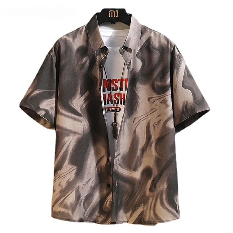 

Coffee Printed Hawaiian Shirt, Men's Loose Oversized Summer Clothing, Short Sleeved Ice Silk Shirt, Couple Street Clothing