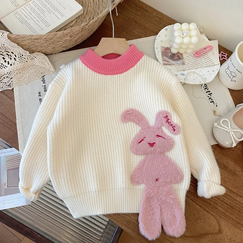 Children's Clothing 2023 Winter New Girls' Three-Dimensional Cartoon Rabbit Cute Sweet Slipover round Neck Knitted Sweater