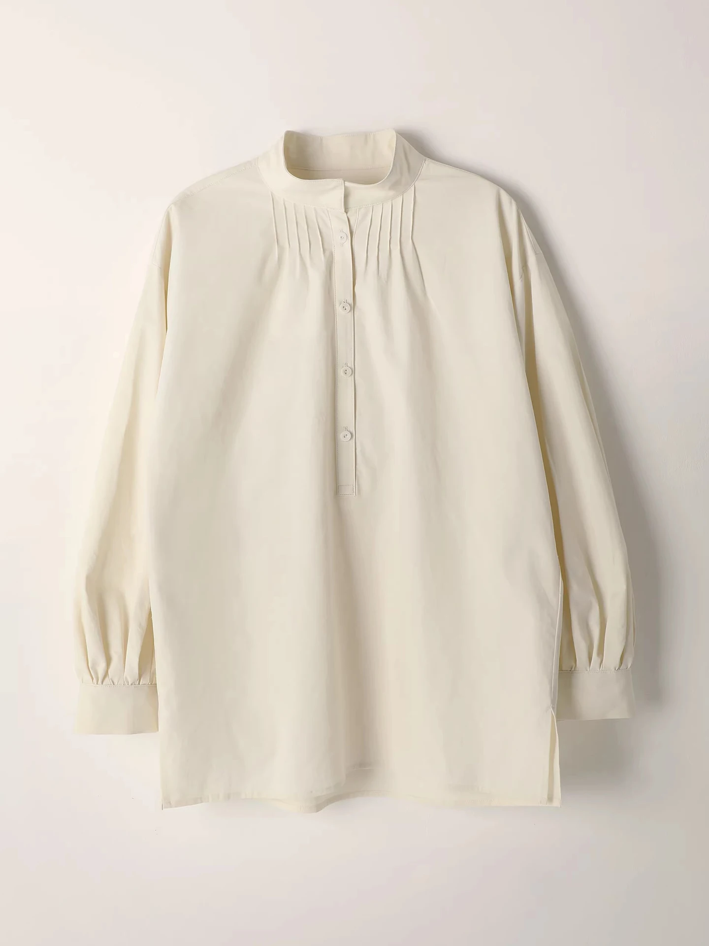 

Women's Stand Collar Shirt Style 3D Tailoring Pleated Base Layer Top Breathable Cotton Long Sleeve Pure Color