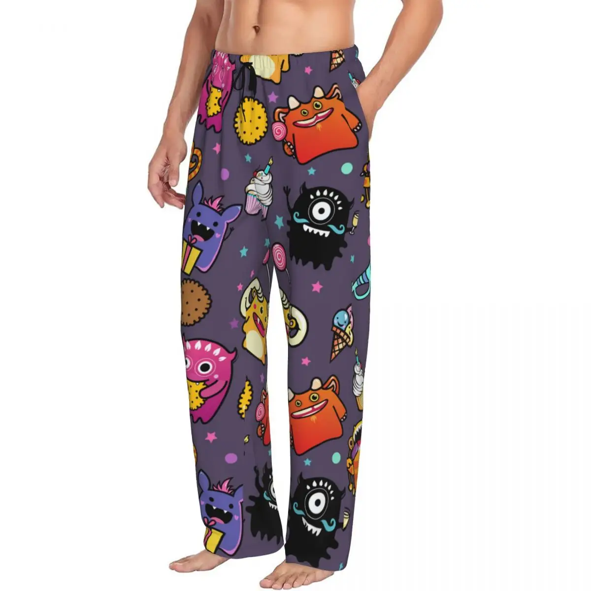 Custom Printed Men's Pajama Pants Cartoon Monsters Sleepwear Sleep Lounge Bottoms with Pockets