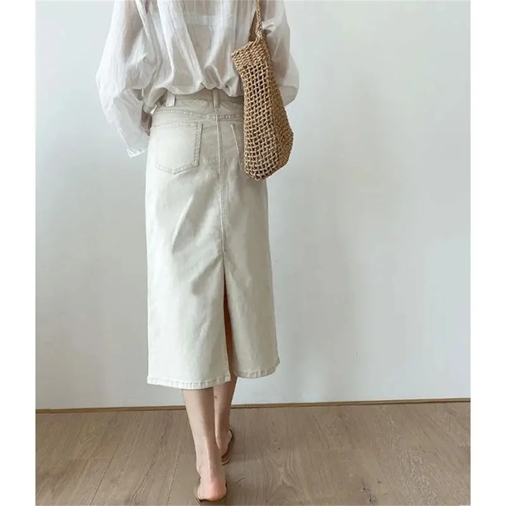 White Denim Skirts Women Beige Korean Fashion Versatile Elegant Long Skirt Office Lady Spring Summer A-Line Vintage Faldas Mujer